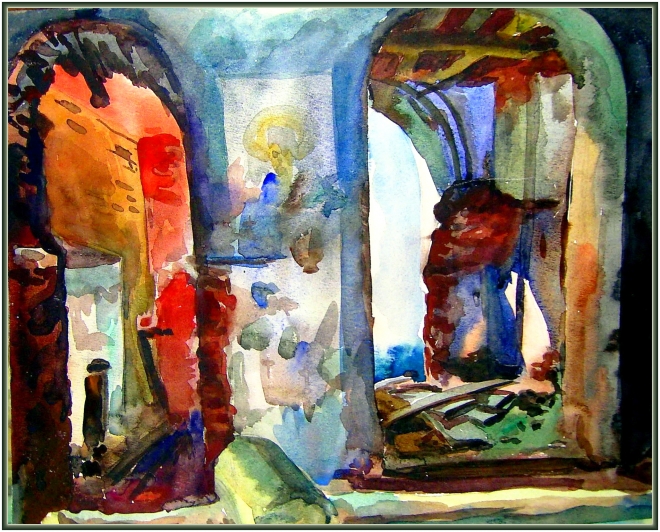 Картина акварелью развалины в Некрасовке