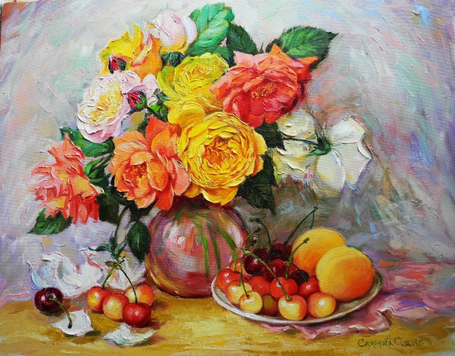 Картина маслом на холсте Розы,черешня и абрикосы