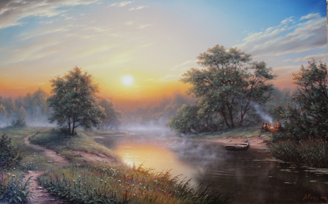 Картина маслом Рассвет на реке