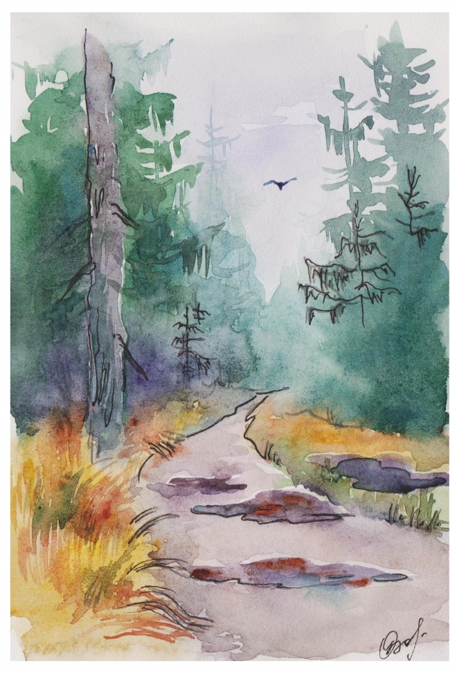 Картина дорога в лесу