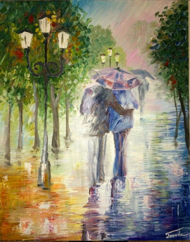 Картина маслом на холсте Влюбленные под дождем