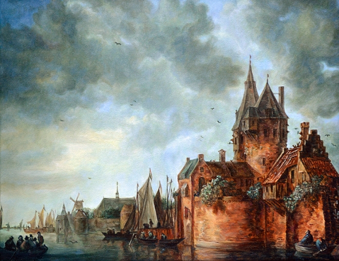 Картина маслом Ян Ван Гойен. "Замок у реки с лодками у причала".