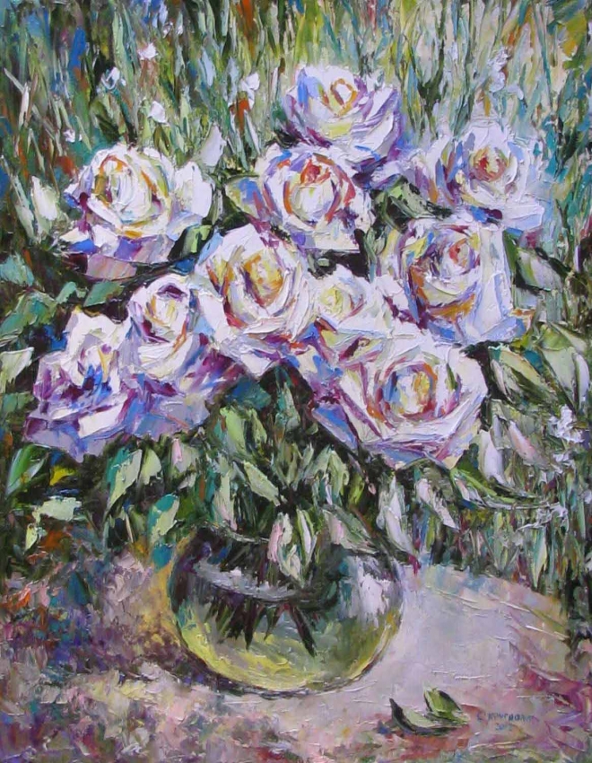 Картина маслом Белые розы в саду