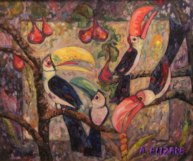 Картина маслом на холсте Семья туканов с птенцами на инжире