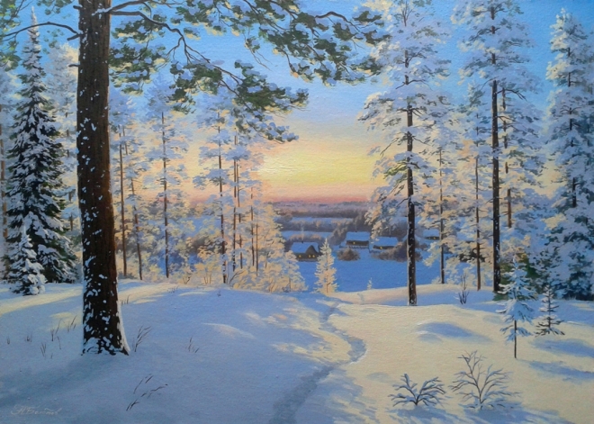 Картина маслом Закат в зимнем лесу