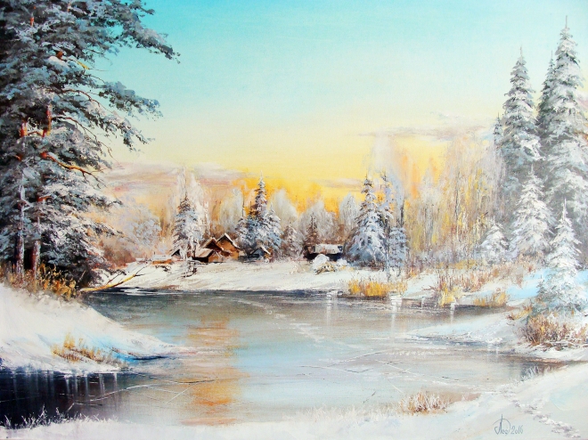 Картина маслом на холсте Пейзаж с замёрзшей рекой