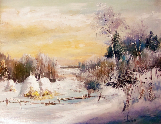 Картина маслом на холсте Зимний пейзаж со стожками