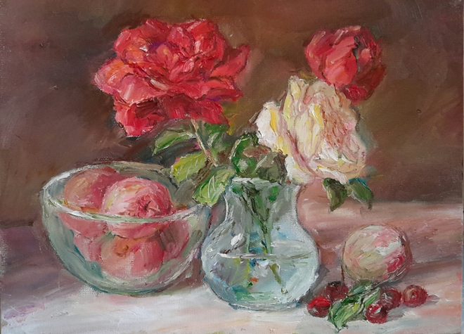 Картина маслом на холсте Розы и яблоки
