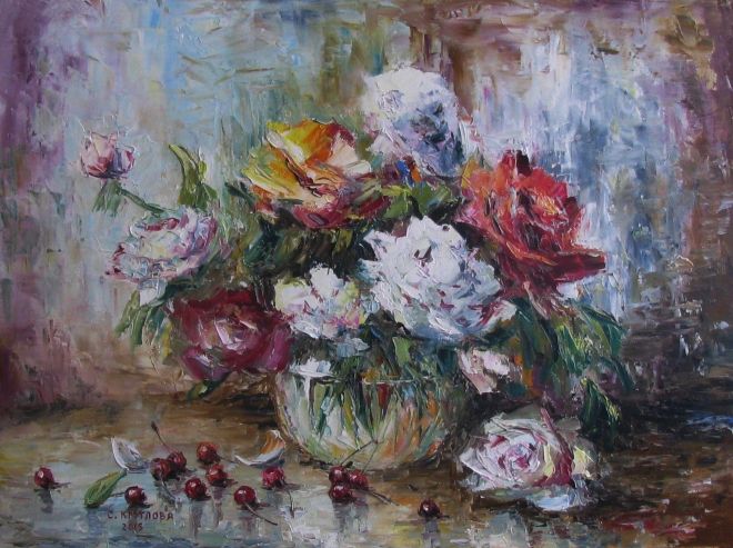 Картина маслом Вишни и розы