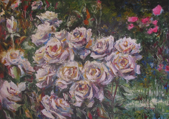 Картина маслом Розы белые в саду