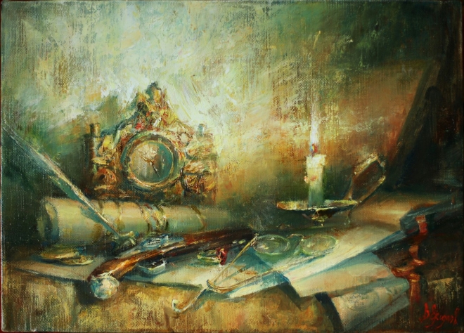 Картина маслом на холсте Бронзовые часы с пистолетом