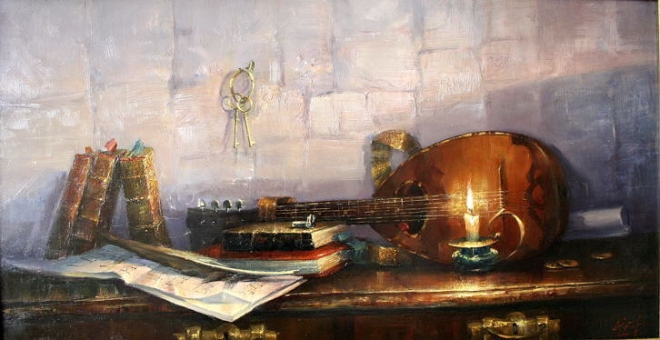 Картина маслом на холсте Натюрморт с лютней и книгами
