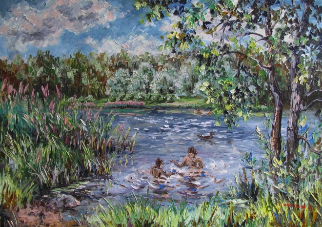 Картина маслом Купание в пруду
