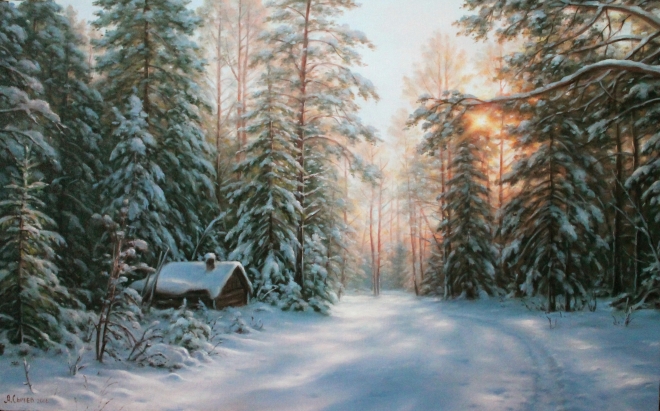 Картина маслом Утро в зимнем лесу
