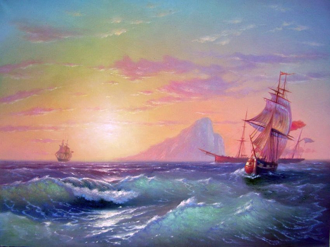 Картина маслом Корабли в морском просторе.