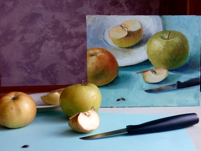Картина маслом на холсте Зеленые яблоки