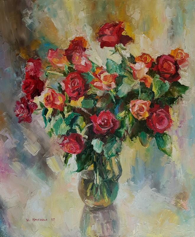 Картина маслом Красные розы в вазе