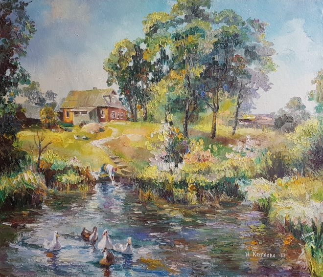 Картина маслом Гуси на пруду в деревне