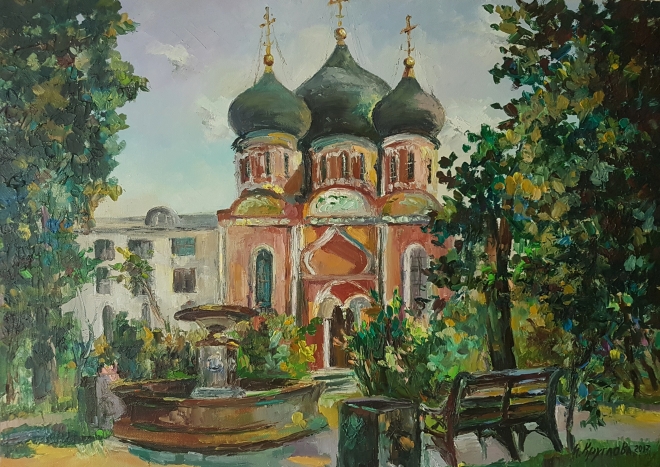 Картина маслом Чугунный фонтан у Покровского храма