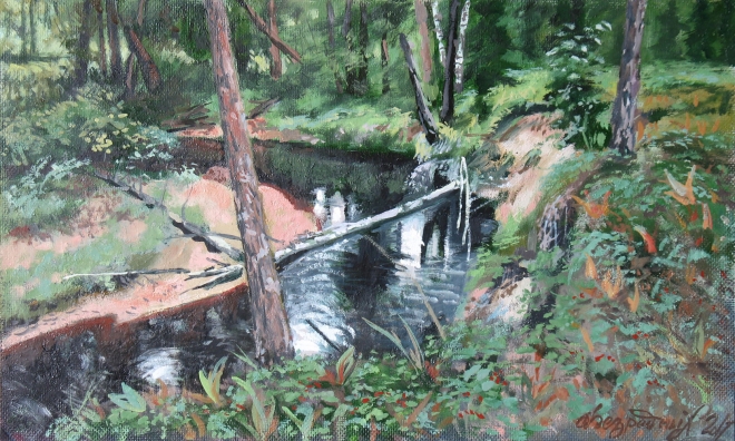 Картина маслом Речка в лесу