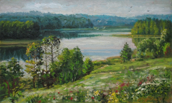 Картина маслом утро,озеро