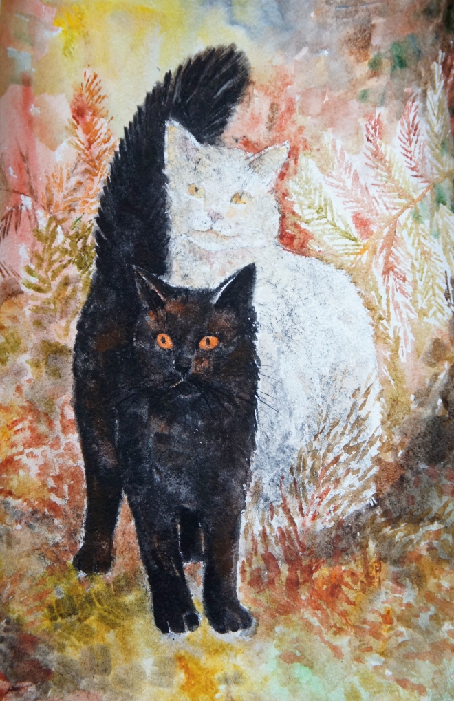Картина акварелью "Белый кот, черная кошка"