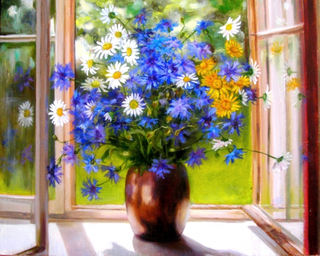 Картина маслом Полевые цветы на окне