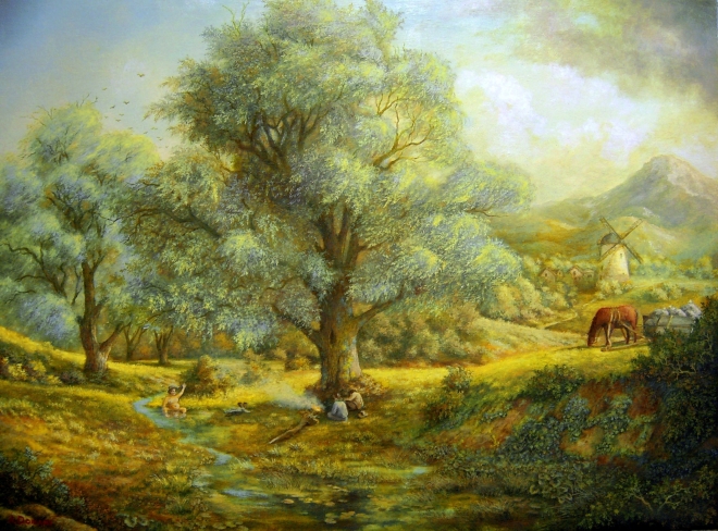 Картина маслом на холсте Пейзаж с купальщиком