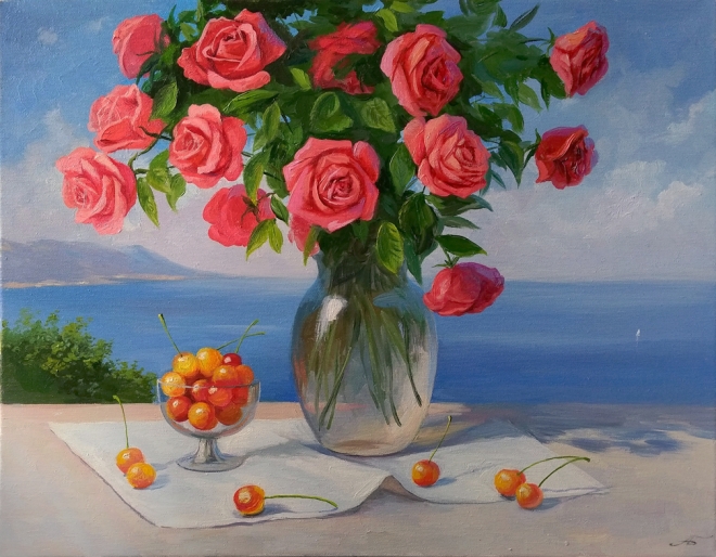 Картина на холсте Розы и черешни.