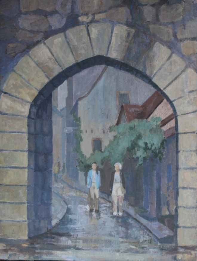 Картина маслом "Прогулка под дождем"