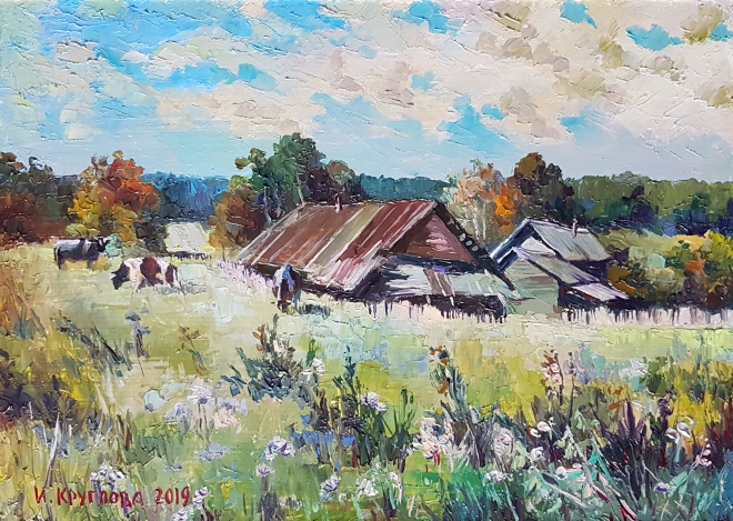 Картина маслом Коровы в деревне