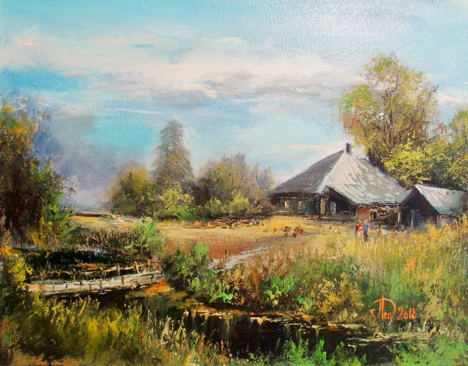 Картина маслом на холсте Летом в деревне