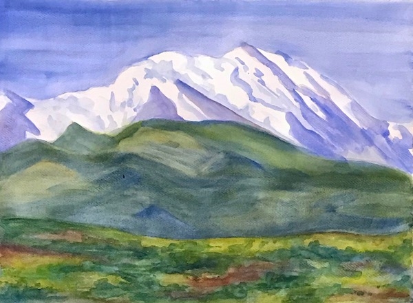 Картина акварелью Заснеженные горы.