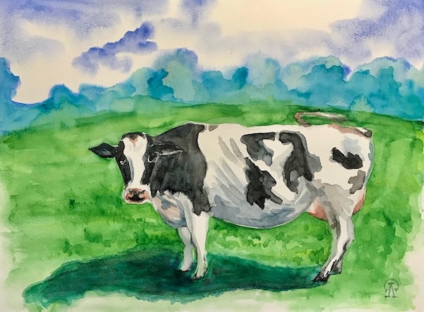 Картина акварелью Корова