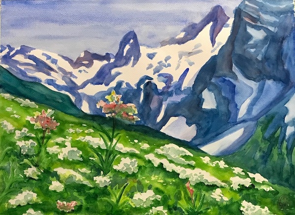 Картина акварелью Цветы в горах.