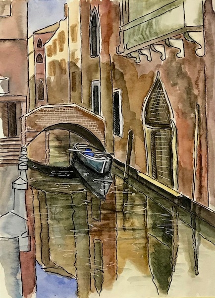 Картина акварелью Венеция. Лодка. Скетч.