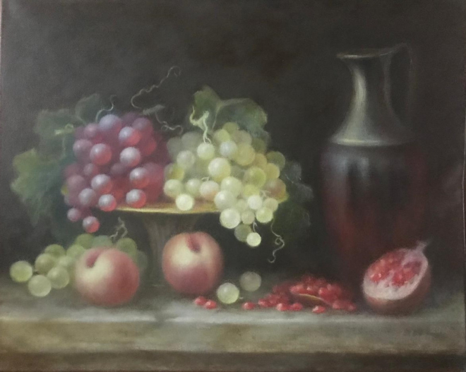 Картина маслом на холсте Натюрморт с виноградом и персиками