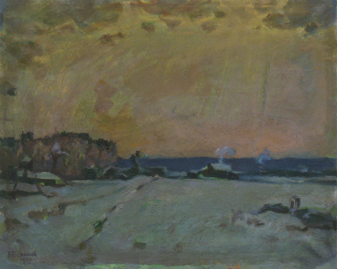 Картина маслом на холсте Зимний вечер на селе