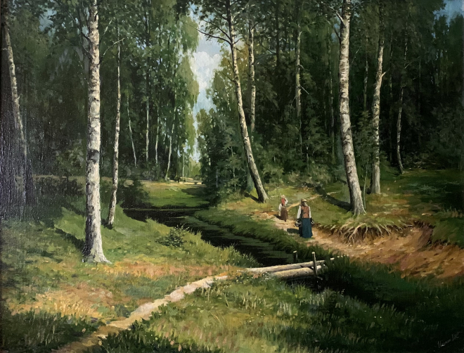 Картина маслом на холсте ручей в лесу  ( по мотивам Шишкина )
