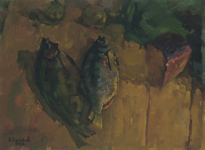 Картина маслом на холсте Натюрморт с рыбой и хлебом