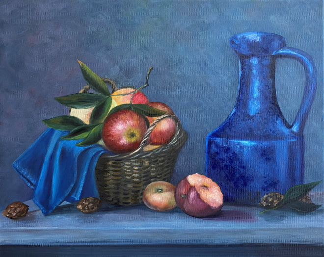 Картина маслом на холсте Корзина с фруктами и синий кувшин