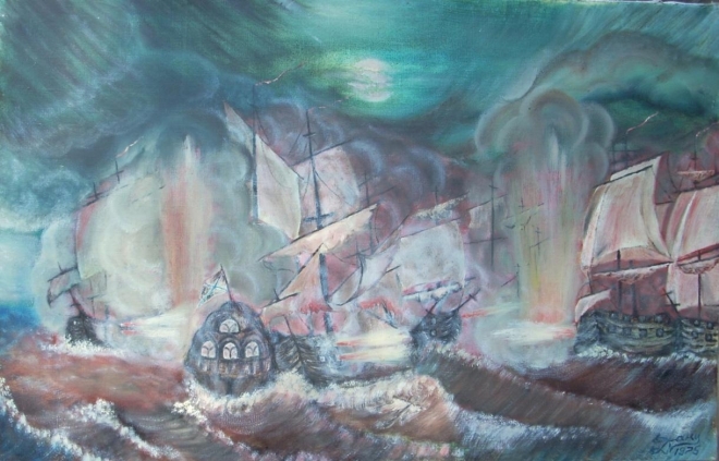 Картина маслом Морской бой.
