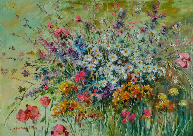 Картина маслом В поле за цветами