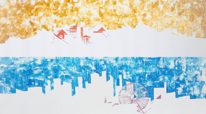 Картина маслом Кюрасики, Йокохама Города Японии. Абстракция Диптих