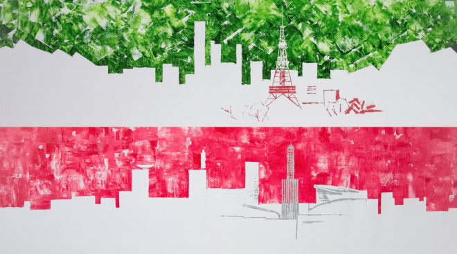 Картина маслом Саппоро, Сайтама Города Японии. Абстракция Диптих