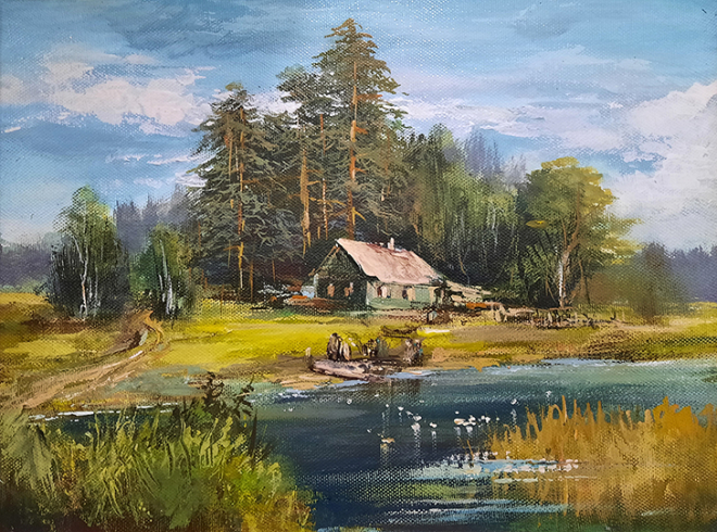 Картина маслом на холсте Домик у пруда