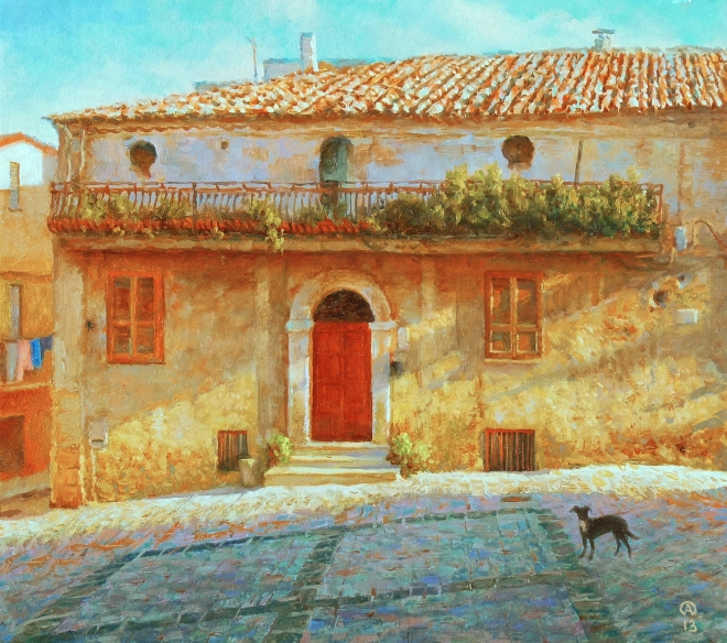 Картина маслом на холсте Пейзаж с собачкой