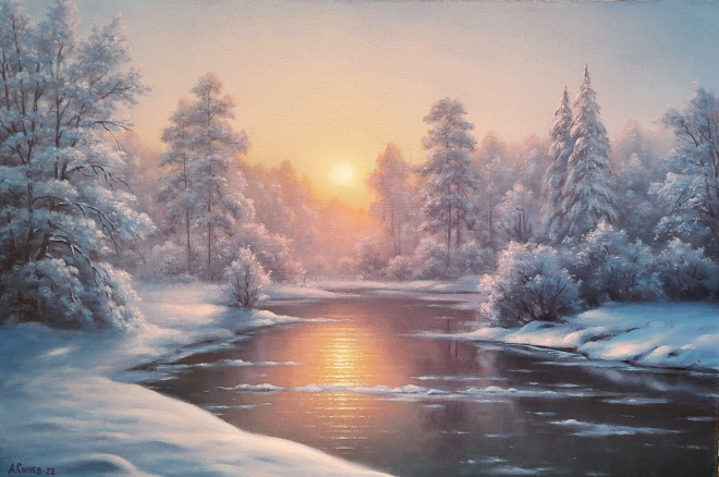 Картина маслом Зимняя речка