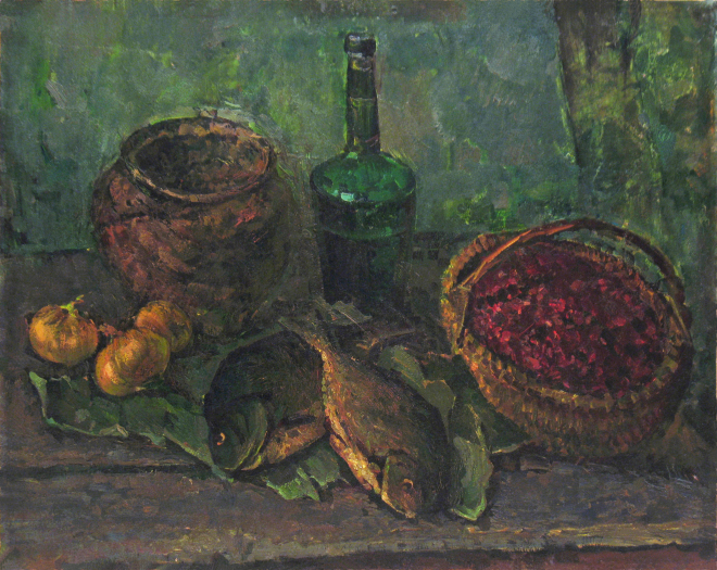 Картина маслом Натюрморт с зелёной бутылкой