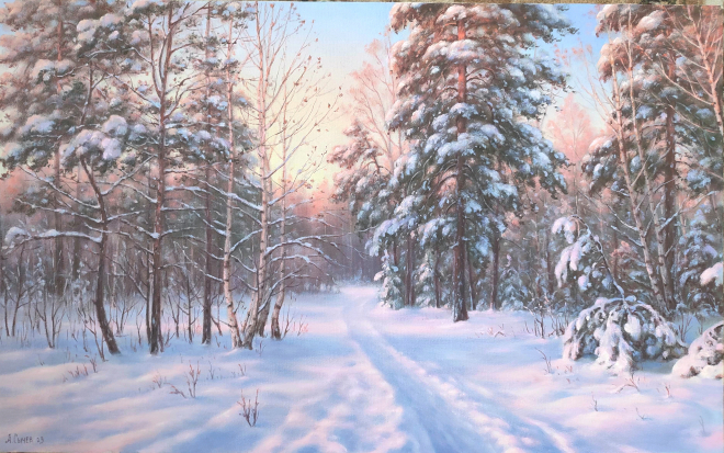 Картина маслом Тропинка в зимнем лесу